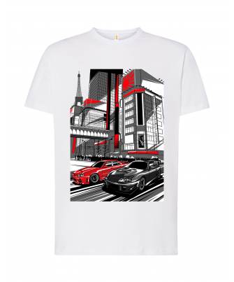 Coche rojo y negro en ciudad