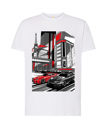 Coche rojo y negro en ciudad