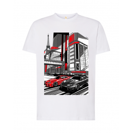 Coche rojo y negro en ciudad