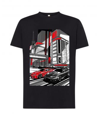 Coche rojo y negro en ciudad